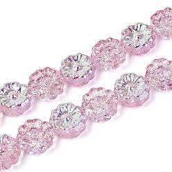 Фламинго Гальванизируйте прозрачное стекло бисер нитей, цветка сливы, с покрытием AB цвета, фламинго, 14~14.5x14~14.5x6~6.5 мм, отверстие : 1~1.2 мм, около 45 шт / нитка, 24.41~24.80 дюйм (62~63 см)