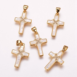 Золотой Латунные микро проложить кубического циркония подвески, с белой скорлупой, крестик, золотые, 21.5x14x2 мм, отверстие : 3.5x4.5 мм