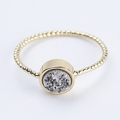 Platinum Plated Natural Druzy Agate Finger Rings, with Brass Findings, Flat Round, Size 5, Golden, Platinum Plated, 15.5mm