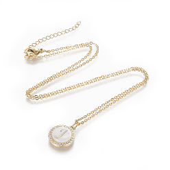 Letter J Brass Initial Pendant Necklaces, with Shell, Cubic Zirconia and 304 Stainless Steel Cable Chains, Flat Round with Letter, Letter.J, 17.5 inch(44.5cm), 1.5mm