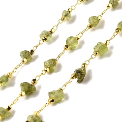 Перидот Цепочки из бисера с натуральным перидотом ручной работы, пайки, с реечной обшивкой латунными выводами, долговечный, без свинца и без кадмия, с катушкой, реальный 18 k позолоченный, 3~8x2~4x3~4 мм