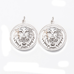 Платина Латунные подвески, без никеля , с целью перехода в кольце, плоский круглый с львиной рукой, платина, 22x20x6.5 мм, Перейти кольцо: 5x1 мм, 3 мм внутренним диаметром