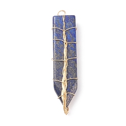 Lapis Lazuli Natural Lapis Lazuli Big Pendants, with Light Gold Tone Copper Wire Wrapped, Dyed, Sword, 61~63x13.5~15x7.5~8mm, Hole: 3.5mm