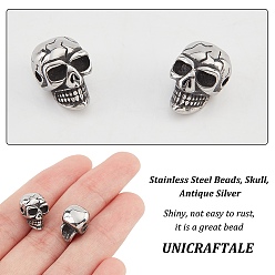 Antique Silver 304 Stainless Steel Beads, Skull, Antique Silver, 14x9x9mm, Hole: 1.5mm