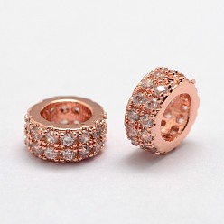 Розовое Золото Латунные микро проложить Цирконий Европейский бисером, рондель, бусины с большим отверстием, без свинца и без никеля , розовое золото , 7x3 мм, отверстие : 4 мм