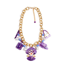 Темно-Фиолетовый Женские ожерелья-нагрудники из акрила в виде флакона женских духов, туфли на высоком каблуке с подвеской из искусственного жемчуга и цепочками из сплава., золотые, темно-фиолетовый, 17.72 дюйм (45 см)