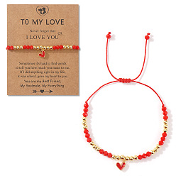 Красный Браслеты с подвесками в виде сердечек из латуни с эмалью, Браслеты из плетеных бусин из стекла и латуни для женщин, золотые, с открытки, красные, 11.02 дюйм (28 см)