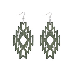 Темно-оливково-зеленый Серьги-подвески из полого дерева в геометрическом стиле ацтеков в стиле западного навахо для женщин, темно-оливковый зеленый, 82x32 мм
