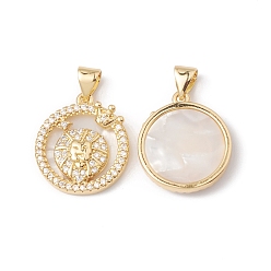 Лео Стойки покрытие латунь оболочки подвески, с кубическим цирконием и натуральной оболочкой, плоский круглый с подвесками в виде созвездий, без кадмия и без свинца, долговечный, реальный 18 k позолоченный, Лев, 19x16x3 мм, отверстие : 4x3.5 мм