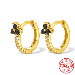 Черный Серьги-кольца из настоящего серебра 18k с золотым покрытием 925 из стерлингового серебра с микропаве циркония, клевер, чёрные, 12x10x1 мм