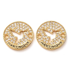 Golden Brass Micro Pave Clear Cubic Zirconia Connector Charms, Flat Round with Martinique Dove Link, Rack Plating, Long-Lasting Plated, Cadmium Free & Lead Free, Golden, 14x2mm, Hole: 1.2mm