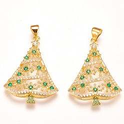 Золотой Латунные микро проложить кубического циркония подвески, рождественская елка, зелёные, золотые, 29.5x22.5x4 мм, отверстие : 3.5x5 мм