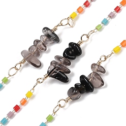 Черный Камень Латунные цепные цепи, со стеклянным бисером и бусинами из натурального черного камня, долговечный, пайки, с катушкой, золотые, 2x2 мм, около 16.40 футов (5 м) / рулон