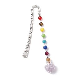 Améthyste 7 Perle de pierres précieuses de chakra et marque-pages pendentif en forme de cœur en verre d'améthyste naturelle, marque-pages crochet en alliage, 153mm
