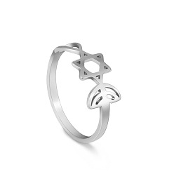 Нержавеющая Сталь Цвет Кольца из нержавеющей стали с изображением луны и звезды Давида, не тускнеющие, украшения для унисекс, цвет нержавеющей стали, 7 мм, размер США 8 (18.1 мм)