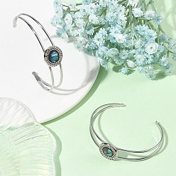 Stainless Steel Color Natural Paua Shell Flat Round 304 Stainless Steel Open Cuff Bangles, Stainless Steel Color, Inner Diameter: 1.93x2.52 inch(4.9x6.4cm) 