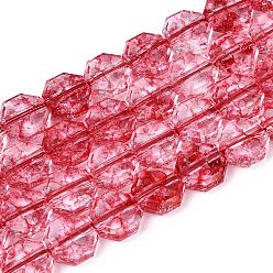 Cramoisi Transparentes craquements perles de verre brins, octogone, teint et cœur, facette, cramoisi, 7~8x7~8x3.5~4mm, Trou: 1~1.4mm, Environ 46~50 pcs/chapelet, 13.58~14.57 pouce (34.5~37 cm)