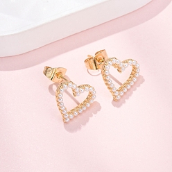 Настоящее золото 16K Серьги-гвоздики из латуни в форме полого сердца, с ABS имитации жемчуга, реальный 16 k позолоченный, 11.5x12 мм