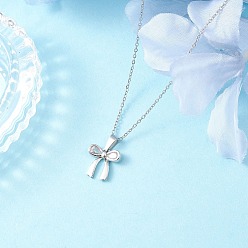 Нержавеющая Сталь Цвет Латунный кулон-бантик с прозрачным кубическим цирконием 304 ожерелья из нержавеющей стали с цепочкой для женщин, цвет нержавеющей стали, 15.75 дюйм (40 см)