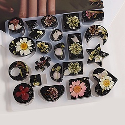 White DIY Pendant Silicone Molds, Resin Casting Molds, Mixed Geometrical Shapes, Star/Heart/Moon, White, 160x145x7mm, Hole: 2x4mm & 3mm, Inner Diameter: 16~41x16~42mm