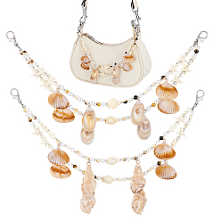 Seashell Color 2Pcs 2 Styles, Natural Mixed Shell Tassel Synthetic Turquoise & Acrylic & ABS Plastic Imitation Pearl Beaded Double Layer Bag Decorative Chains, with Alloy Lobster Claw Clasps, Platinum, Seashell Color, 309mm, 1pc/style