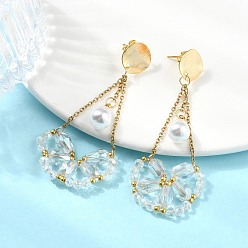 Clear Electroplate Glass Dangle Earrings for Women, Teardrop, 304 Stainless Steel Cable, Brass Stud Earrings, Real 18K Gold Plated, Clear, 65x28mm