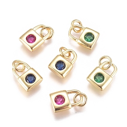 Mixed Color Brass Micro Pave Cubic Zirconia Charms, with Jump Ring, Long-Lasting Plated, Lock, Golden, Mixed Color, 8.5x6x2mm, Hole: 3mm