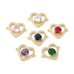 Mixed Color Eco-Friendly Brass Micro Pave Cubic Zirconia Links Connectors, Long-Lasting Plated, Heart, Real 18K Gold Plated, Mixed Color, 16x20.5x5.5mm, Hole: 1.5mm