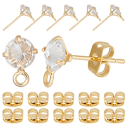 Настоящее золото 18K 10шт. ромбовидная латунная фурнитура для сережек-гвоздиков, с фианитами и горизонтальными петлями, с фрикционными гайками 10шт., реальный 18 k позолоченный, 10x6.5 мм, отверстие : 2 мм, штифты : 0.8 мм