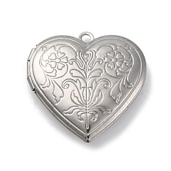 Нержавеющая Сталь Цвет 304 подвески из нержавеющей стали Locket, сердце с цветочным узором, цвет нержавеющей стали, 29x28.5x7 мм, отверстие : 2 мм