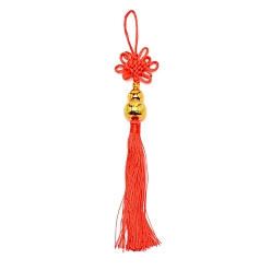 Red Polyester Tassel Pendant Decorations, with Plastic Beads, for New Year, Chinese Knot with Gourd, Red, 260mm