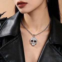 Skull Halloween Gothic Zinc Alloy Pendant Necklaces, Platinum, Skull, 18.90 inch(48cm)