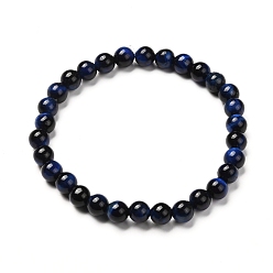 Prussian Blue Dyed & Heated Natural Tiger Eye Round Beads Stretch Bracelets, Prussian Blue, Inner Diameter: 2-1/8 inch(5.4cm)