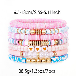 (52) Непрозрачная лаванда 7 Набор эластичных браслетов для женщин с узором в виде сердечек из полимерной глины, пластиковых бусин и жемчуга, а также пластиковых бусин CCB., разноцветные, внутренний диаметр: 2.56~5.12 дюйм (6.5~13 см)