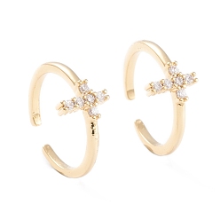 Настоящее золото 18K Латунные кольца из манжеты с прозрачным цирконием, открытые кольца, долговечный, крестик, реальный 18 k позолоченный, размер США 7 1/4 (17.5 мм)