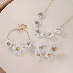Белый Наборы из цветочных браслетов, серег и ожерелий из сплава с распылением краски для женщин, белые, 530 мм