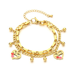 Сердце День матери 304 Браслеты из нержавеющей стали с цепочками Фигаро и коробчатой цепочкой, двухслойные, браслеты с подвесками для женщин, с эмалью, золотые, сердце со словом мама, 7.48 дюйм (19 см)