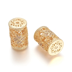 Golden Brass Micro Pave Clear Cubic Zirconia Beads, Long-Lasting Plated, Hollow, Column with Flower, Clear, Golden, 18x12.5mm, Hole: 2mm