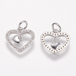 Platinum Brass Micro Pave Cubic Zirconia Charms, Heart, Platinum, 12x12.5x1.7mm, Hole: 3mm