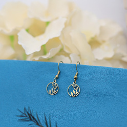 Золотой 201 из нержавеющей стали болтаться серьги, полый плоский круглый с листом, золотые, 30x10 мм