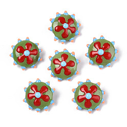 Темный Морско-зеленый Бусины лэмпворк , неровный плоский круглый с цветком, темно-зеленый, 18.5~20x10~11 мм, отверстие : 1 мм