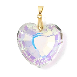Прозрачный АВ Латунь стекло кулоны, шарма сердца, золотые, граненые, ясно AB, 38x33x14 мм, отверстие : 6x4 мм