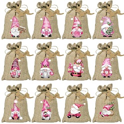 Pink 24Pcs Christmas Linen Printed Drawstring Bags, Candy Storage Supplies, Rectangle, Pink, 18x13cm