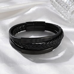 Черный Ионное покрытие(ip) плетеные микрофибровые кожаные многорядные браслеты для мужчин, с 316 хирургической нержавеющей стальной полированной пряжкой и 304 нержавеющей стальной фурнитурой, чёрные, 8 дюйм (20.2 см)