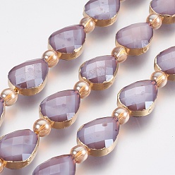 Серо-розавый Стеклянные бусины с гальваническим покрытием , граненые, с золотым оттенком латуни, полное покрытие, слезинка и круглая, увядшая роза, 18x12.5~13x7~7.5 мм, отверстие : 1 мм, около 10 шт / нитка, 9 дюйм (23 см)