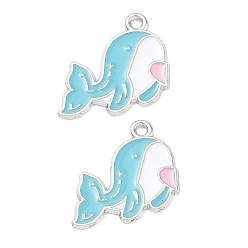Platinum Alloy Enamel Pendants, Whale with Heart Charms, Split Pendants, Platinum, 18x21x1mm, Hole: 1.6mm