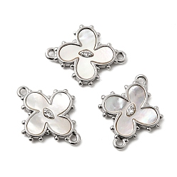 Платина Подвески-коннекторы из латуни с прозрачным кубическим цирконием и цветочными звеньями, с естественной оболочке, белые, платина, 18x14.5x2.5 мм, отверстие : 1.2 мм