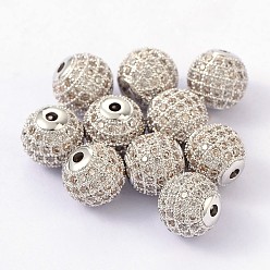 Platinum Cubic Zirconia Beads, with Brass Findings, Round, Crystal, Platinum Metal Color, 10mm, Hole: 2mm