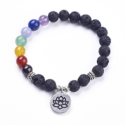 Mixed Stone Chakra Natural Mixed Stone Charm Bracelets, with Alloy Finding, Burlap Packing Pouches Drawstring Bags, Flat Round with Lotus, Antique Silver, 2 inch(50mm)