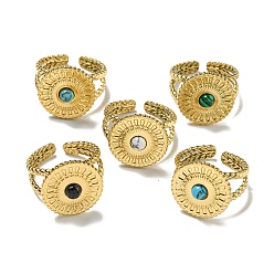 Настоящее золото 18K Ионное покрытие (ip) 304 открытые манжеты из нержавеющей стали, Плоские круглые кольца на палец из синтетического малахита и бирюзы для женщин и мужчин, реальный 18 k позолоченный, регулируемый